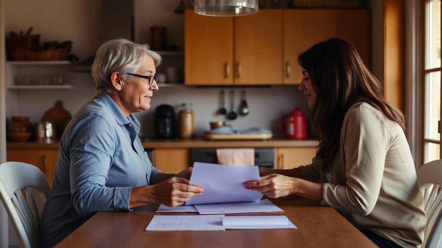 Supportive hands over paperwork at a kitchen table