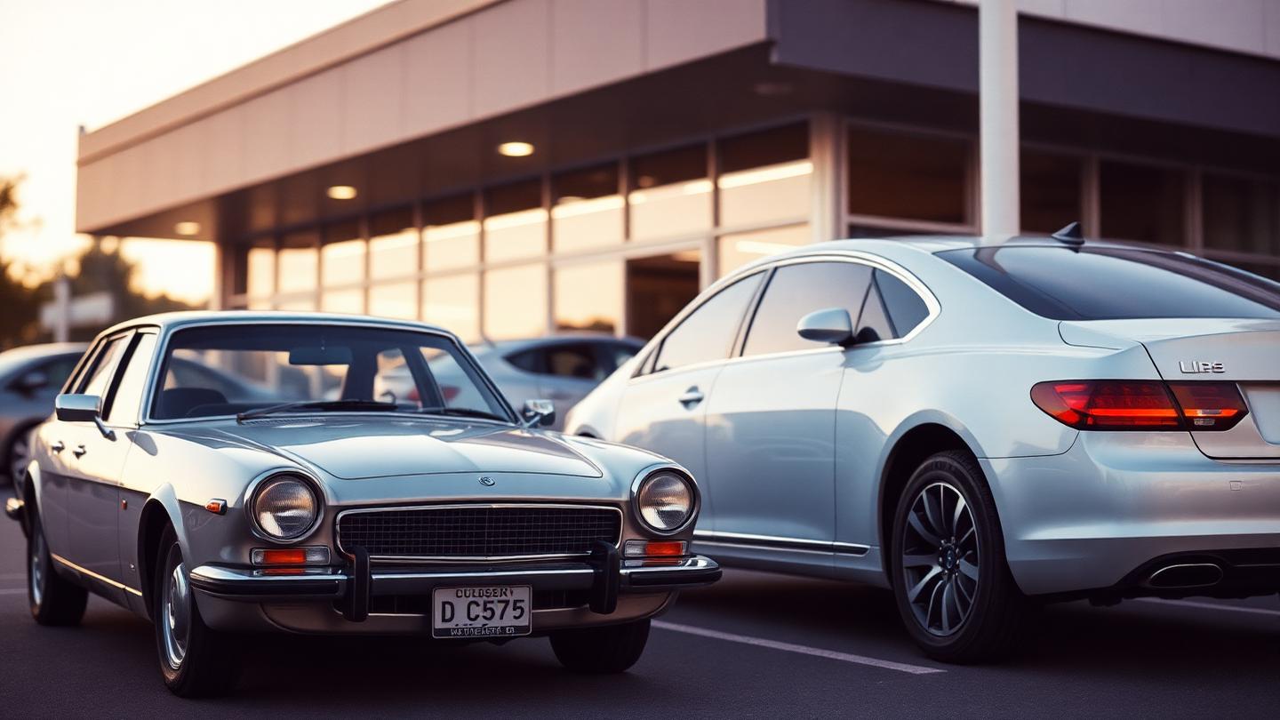 Old car and new car side by side at a dealership