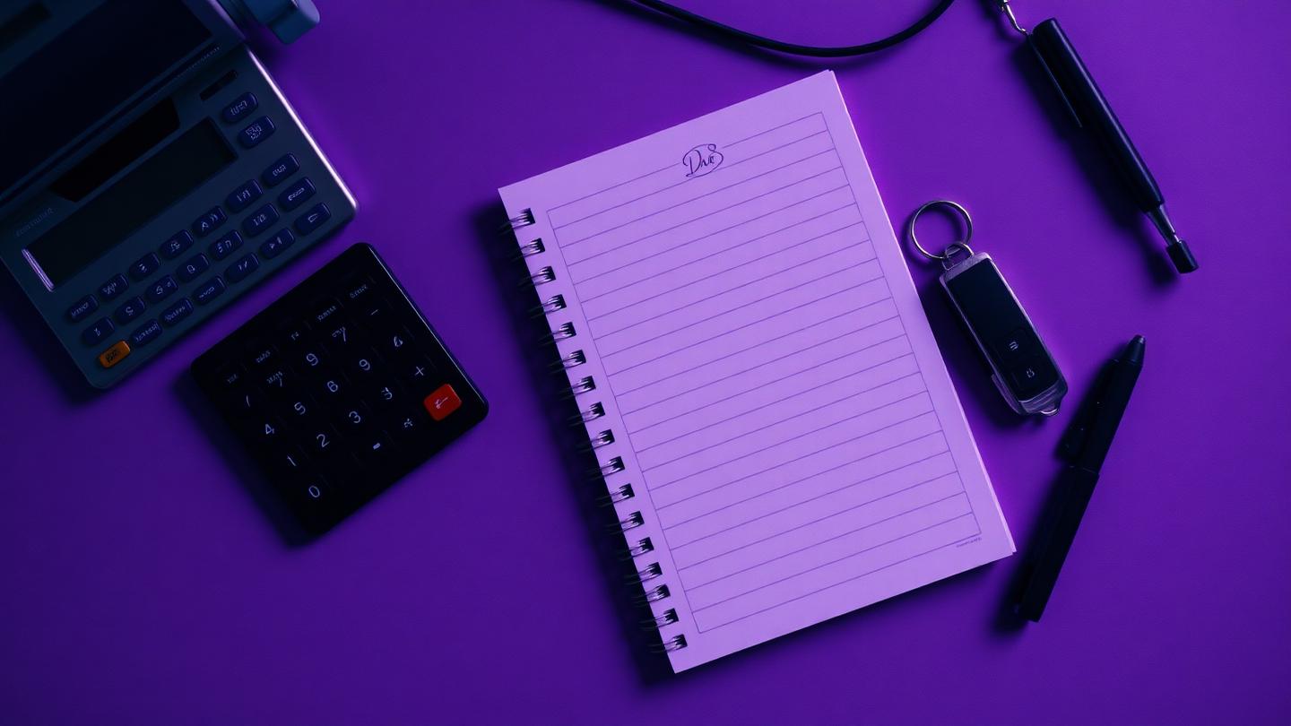Desk with several calculators, notepad and car keys overhead
