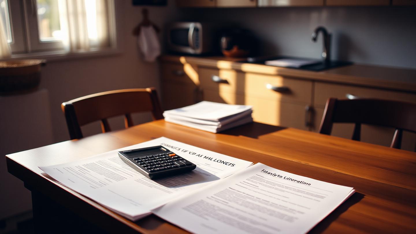 Bank statement and calculator on a kitchen table