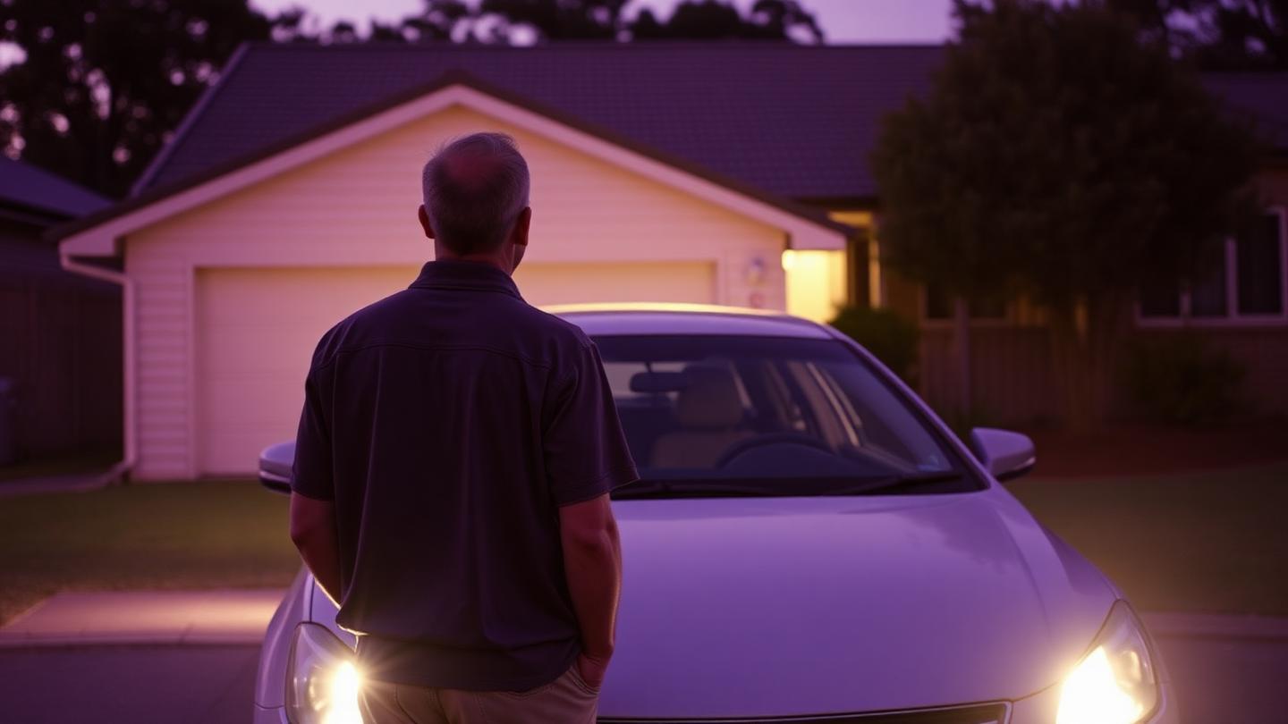 Veteran beside their car outside a suburban home