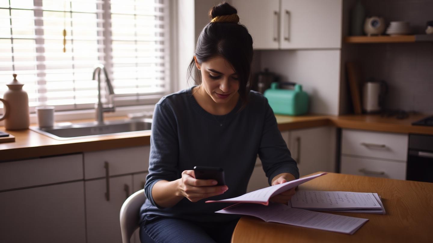 Person planning a budget with notes and phone at a kitchen bench