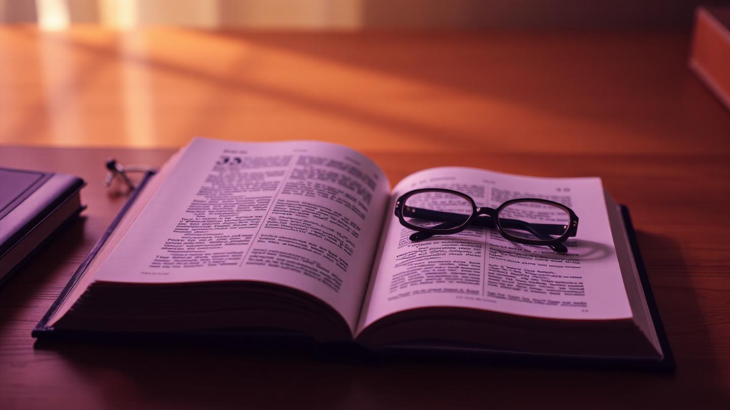 Open dictionary and reading glasses on a wooden desk