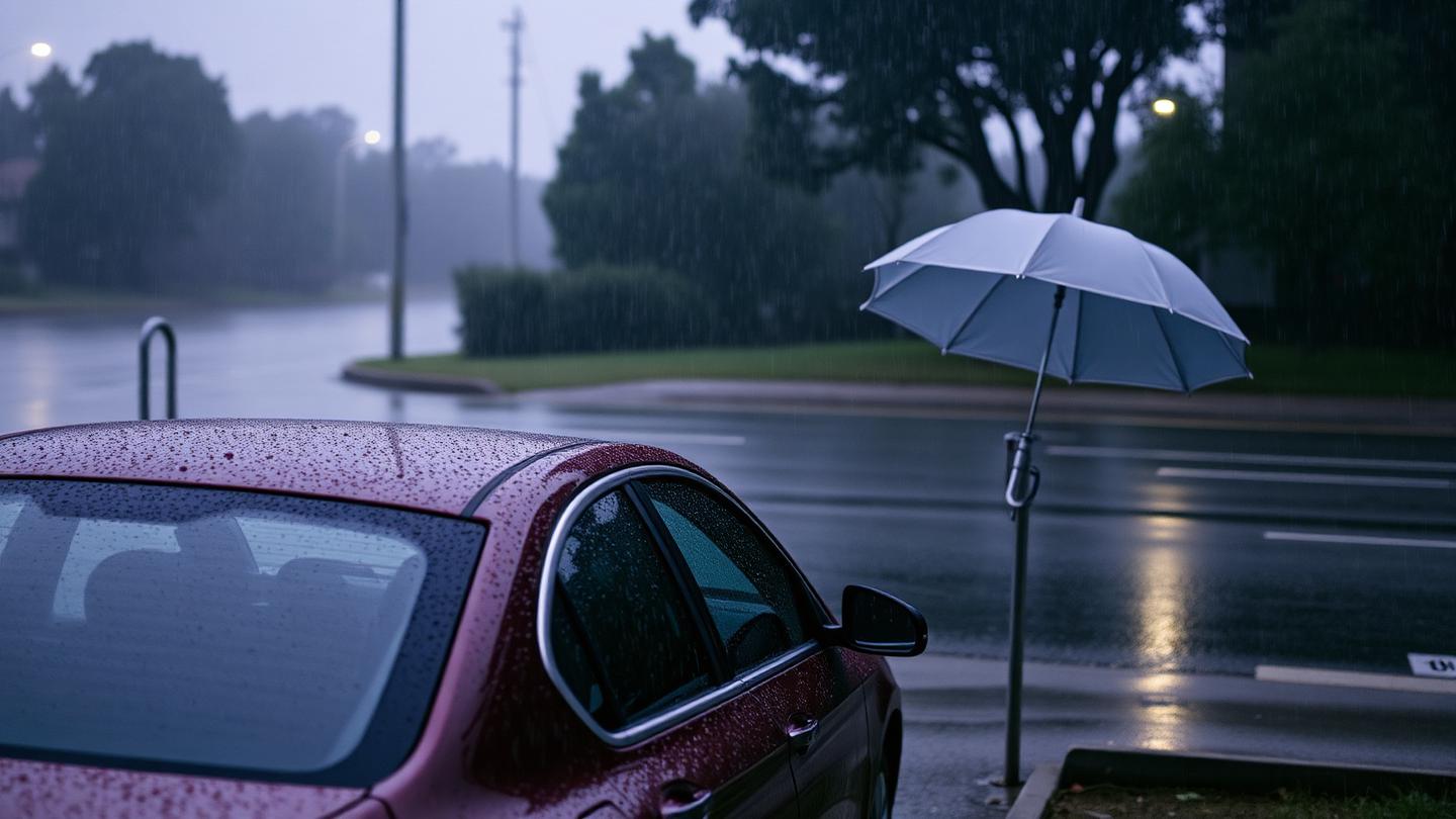 Umbrella sheltering a parked car in the rain