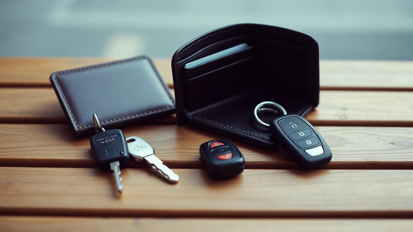 Empty wallet beside a set of new car keys on a bench
