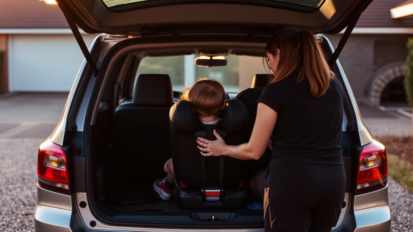 Parent loading a child seat into a family car