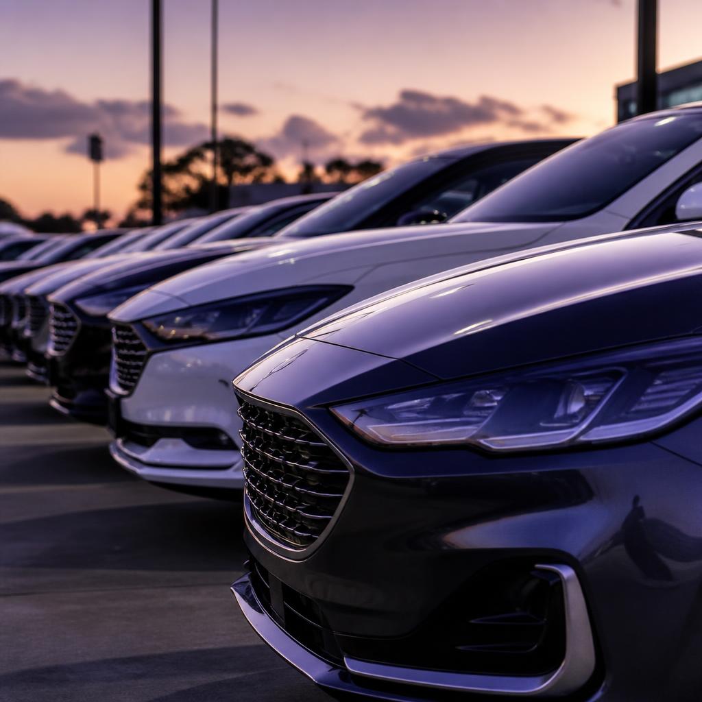 Row of new cars on a dealership forecourt