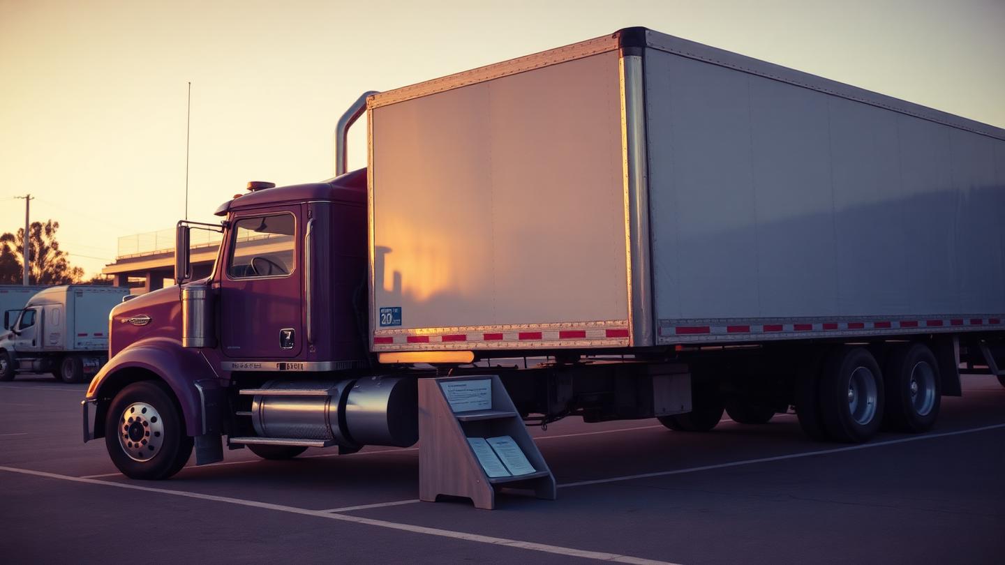 Truck driver checking paperwork beside a prime mover
