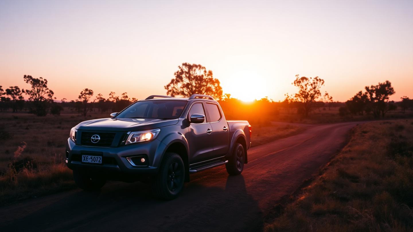 Grey dual cab ute on a bush track at golden hour