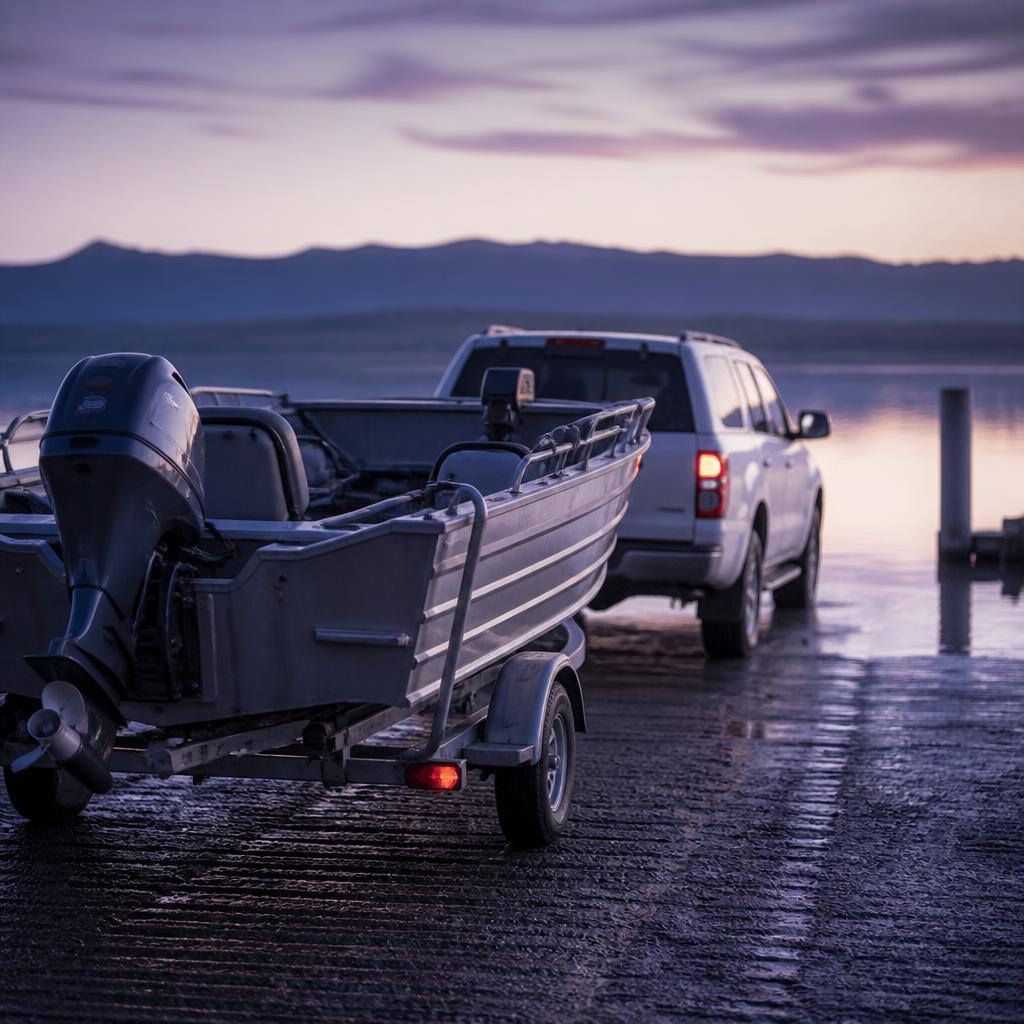 Boat on a trailer at an Australian boat ramp at dawn