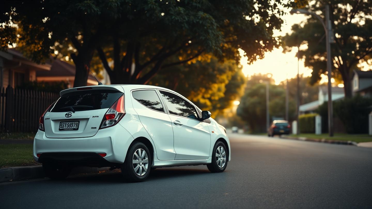 Small white hatchback parked on a leafy suburban street