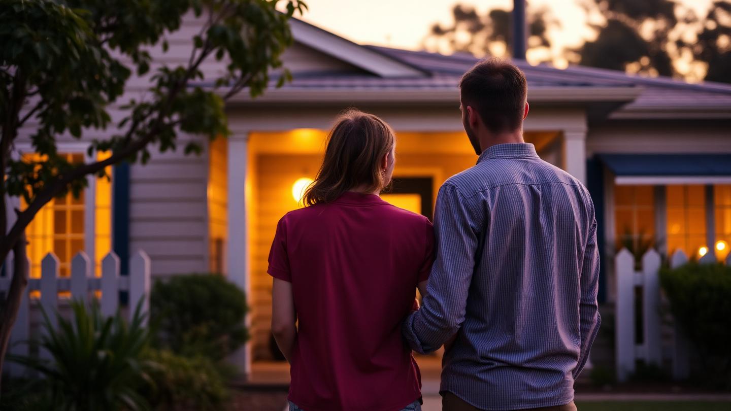 Young couple outside their first Australian home with a sold sign