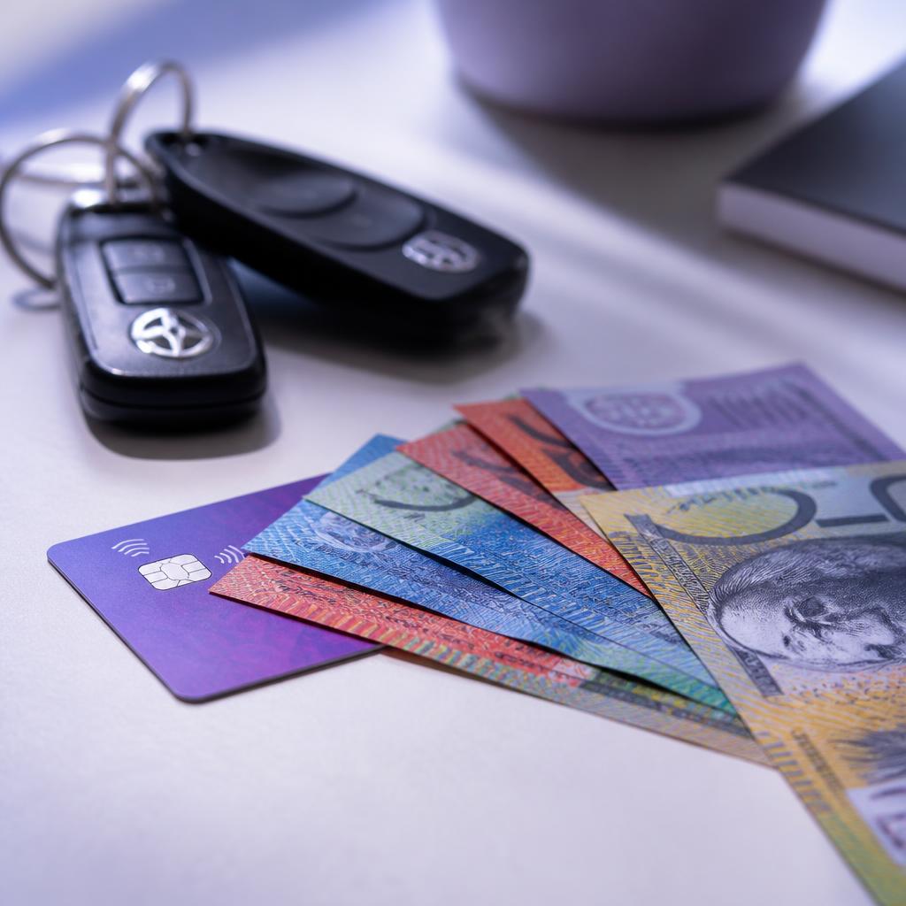 Australian cash and a bank card beside car keys