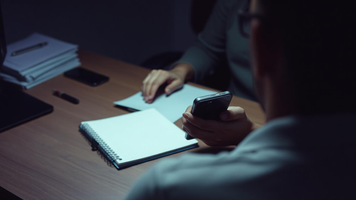 Person weighing options with notepad and phone at a desk