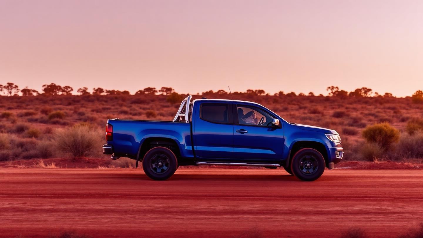 Blue dual cab ute on a red dirt track at golden hour