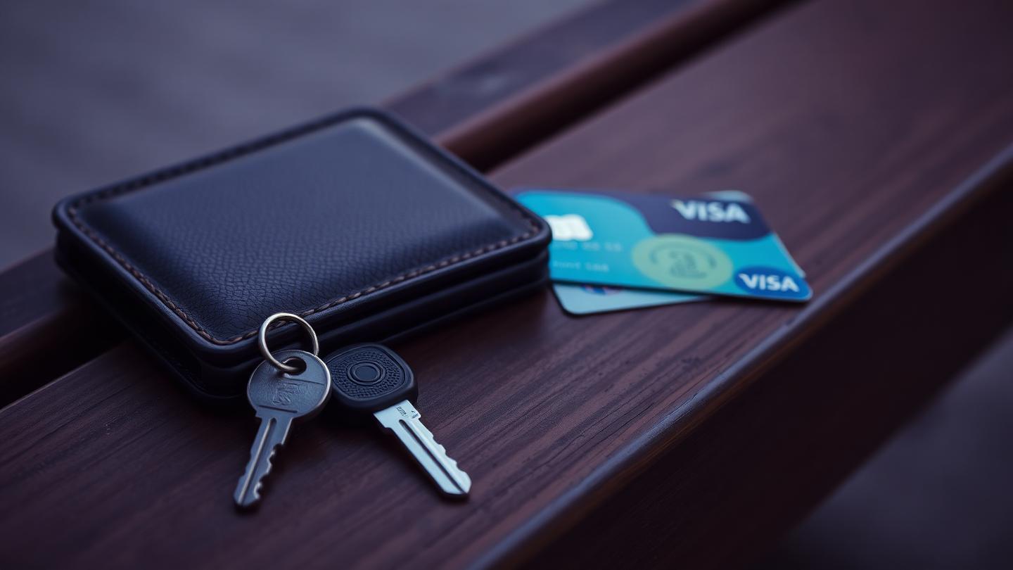 Car key beside a wallet and bank card on a bench