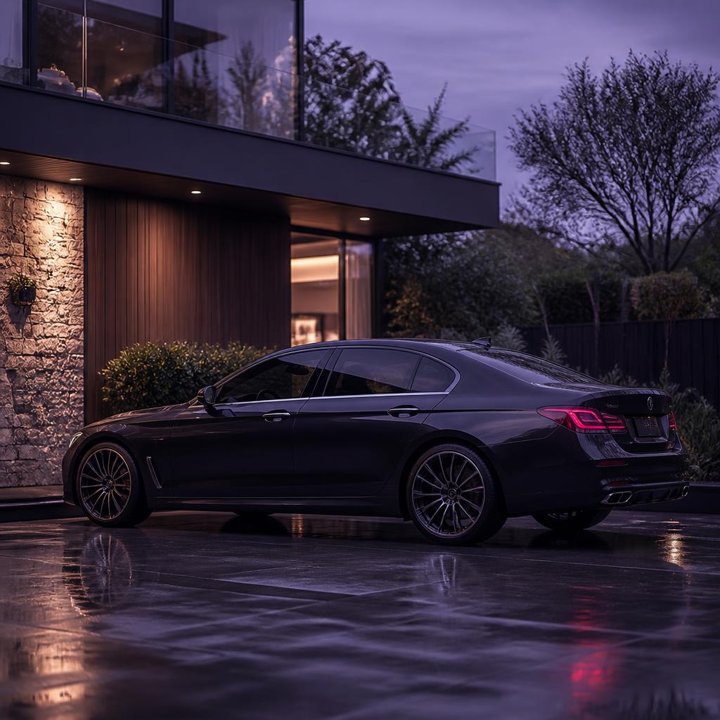 Luxury sedan parked outside a modern home at dusk