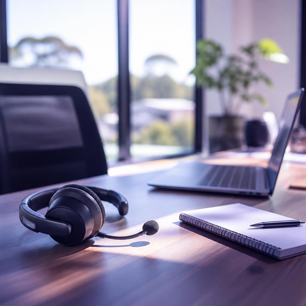 Support headset and laptop on an office desk
