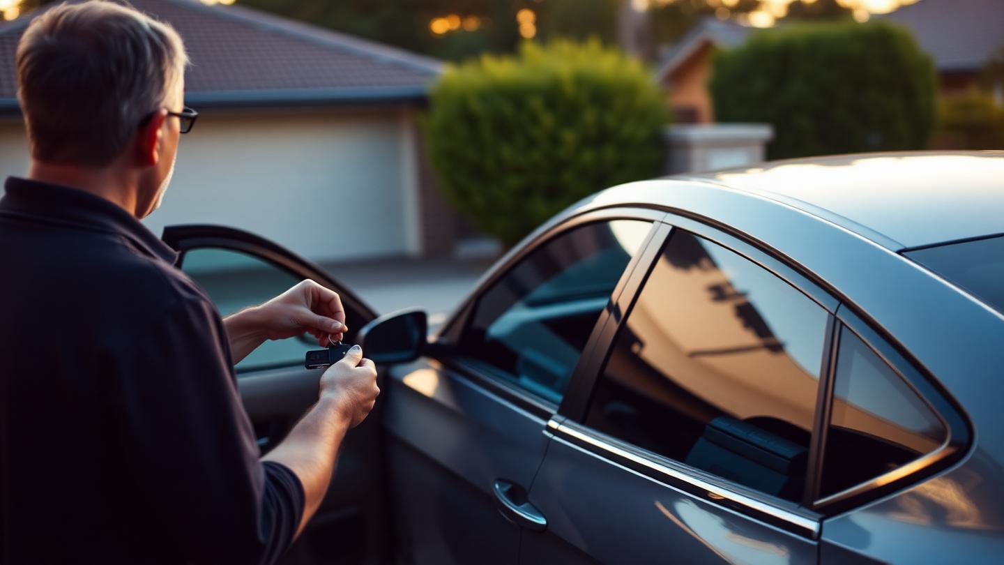 Customer shaking hands beside their new car in a driveway