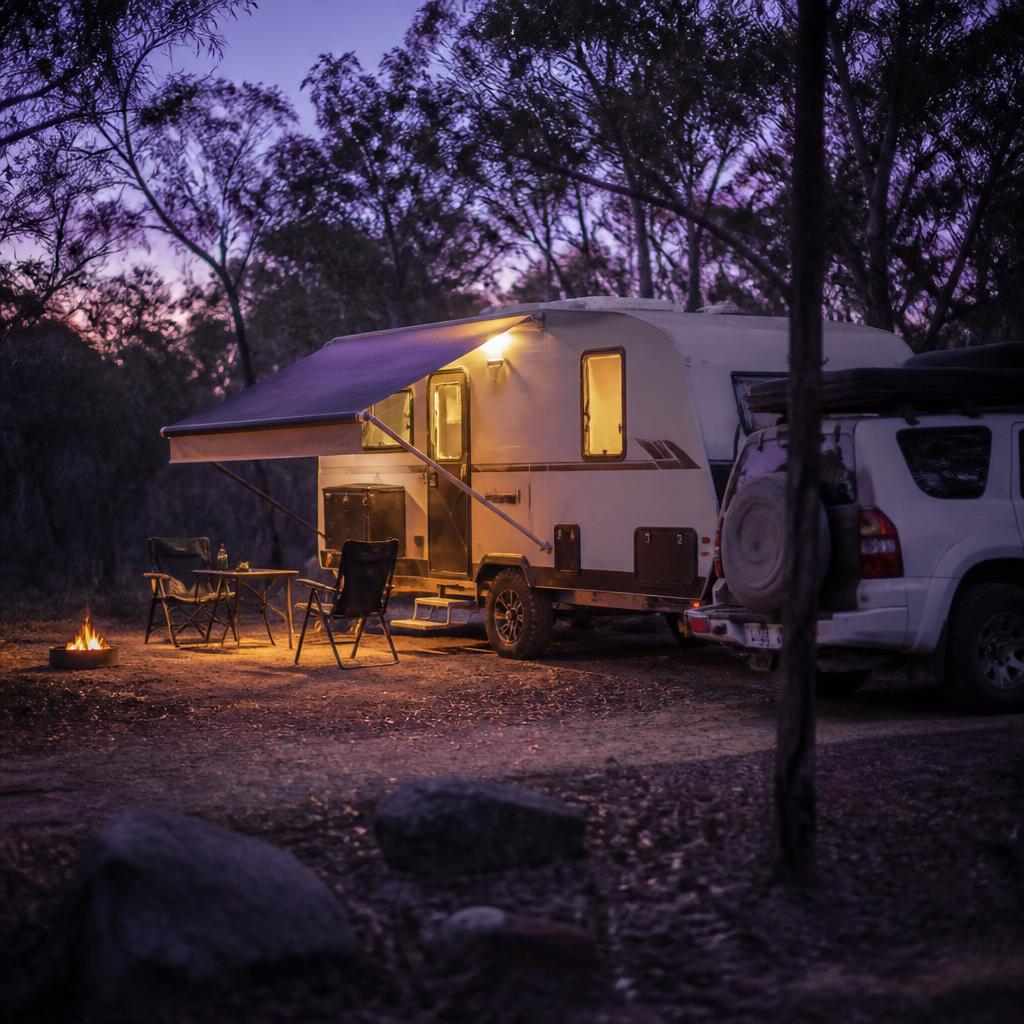 Caravan and four wheel drive at a bush campsite