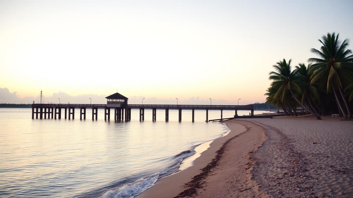 Hervey Bay calm shoreline with pier and pandanus trees