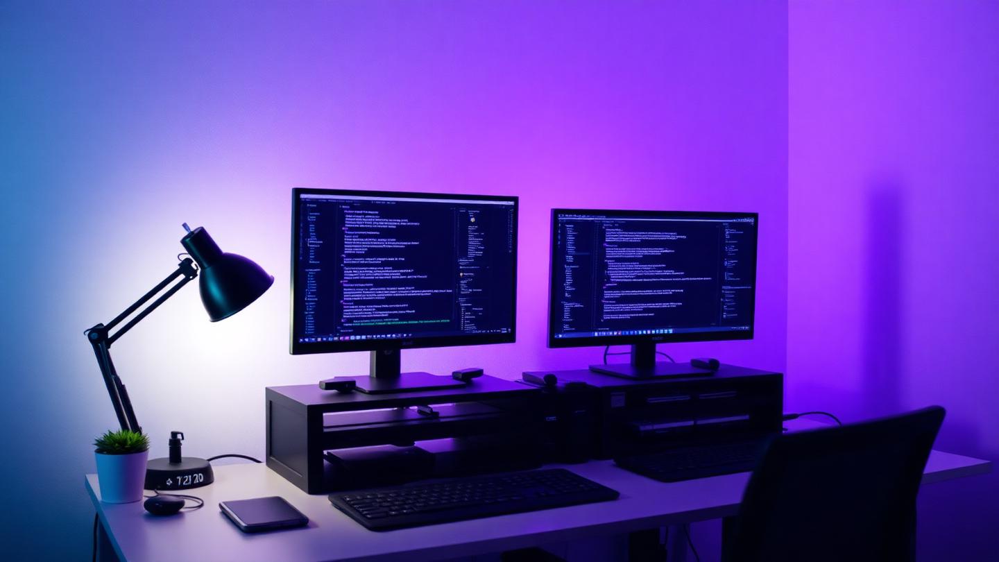 Developer workspace with monitors showing release notes