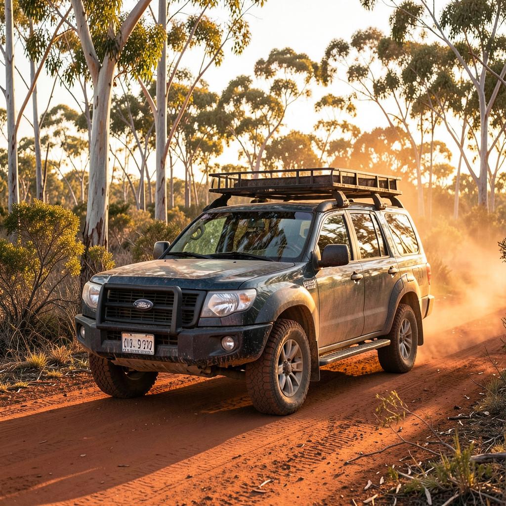 4WD wagon on a red dirt outback track in Australia at golden hour