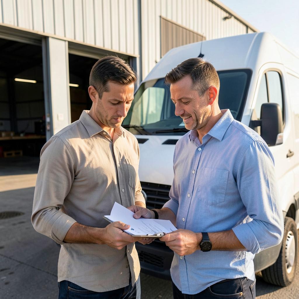 Australian business owner reviewing finance paperwork beside a work van