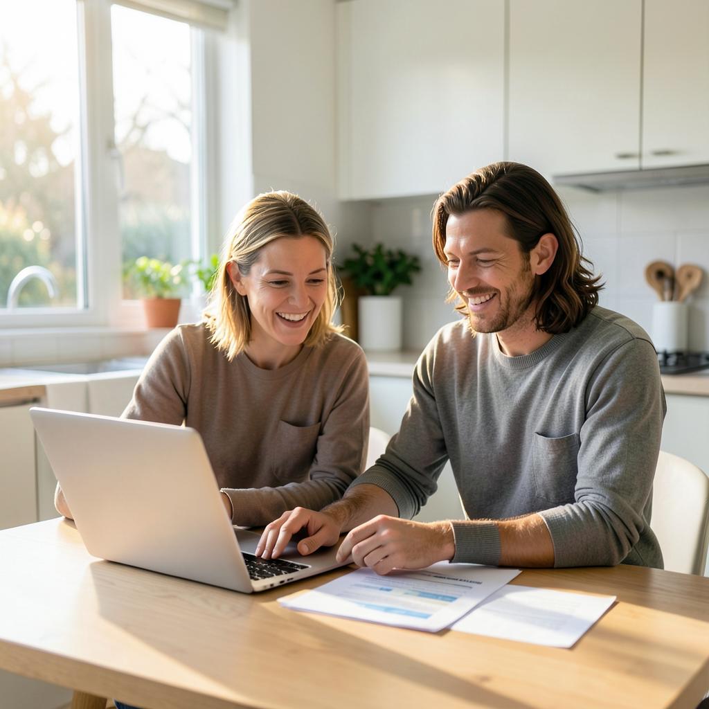 Australian couple comparing car finance options on a laptop at home
