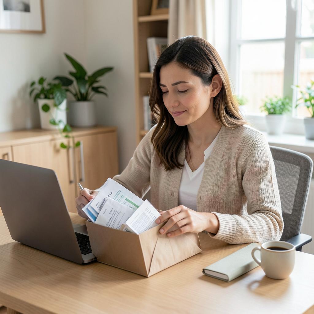 Woman organising bills and statements into one folder at a home desk