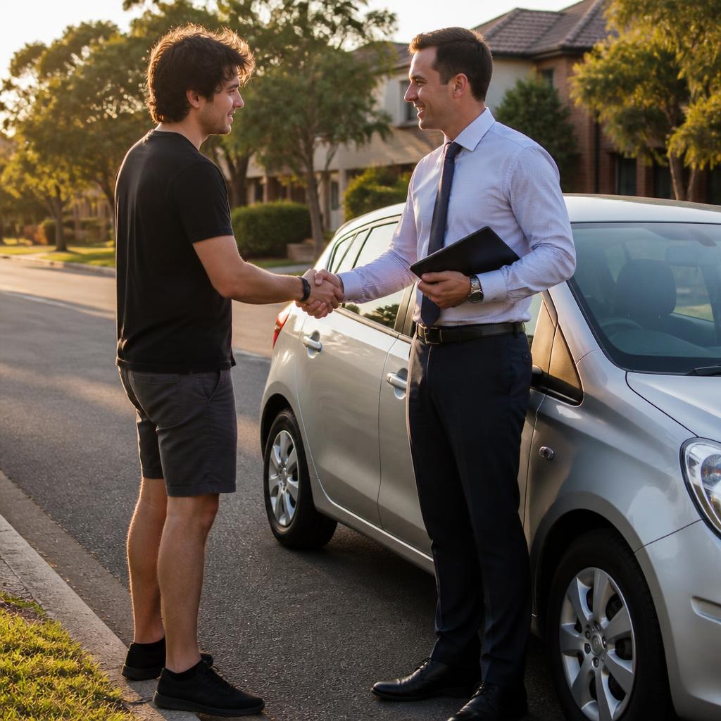 Australian customer shaking hands with a finance consultant beside a car