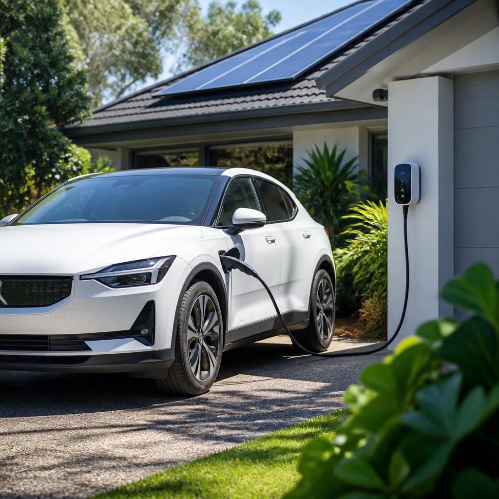 Electric vehicle charging on an Australian home driveway with rooftop solar