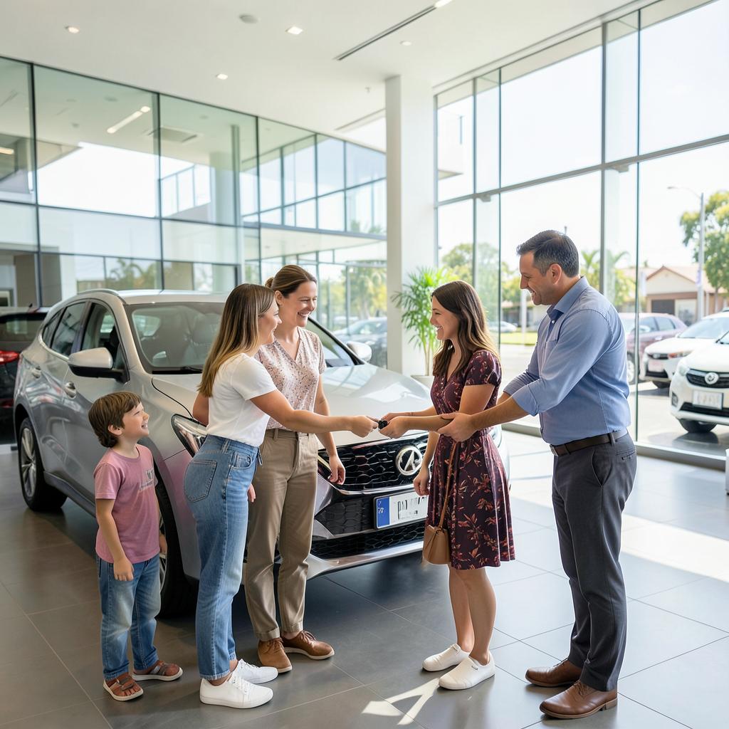 Family collecting a new car at an Australian dealership showroom
