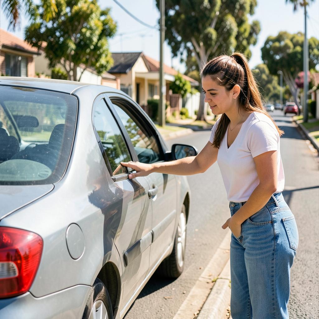 Woman inspecting a used hatchback on a sunny Australian street