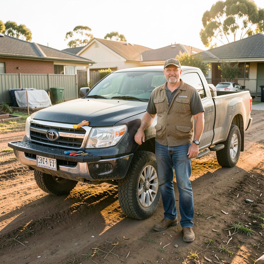 Tradesman beside his dual cab ute at an Australian job site