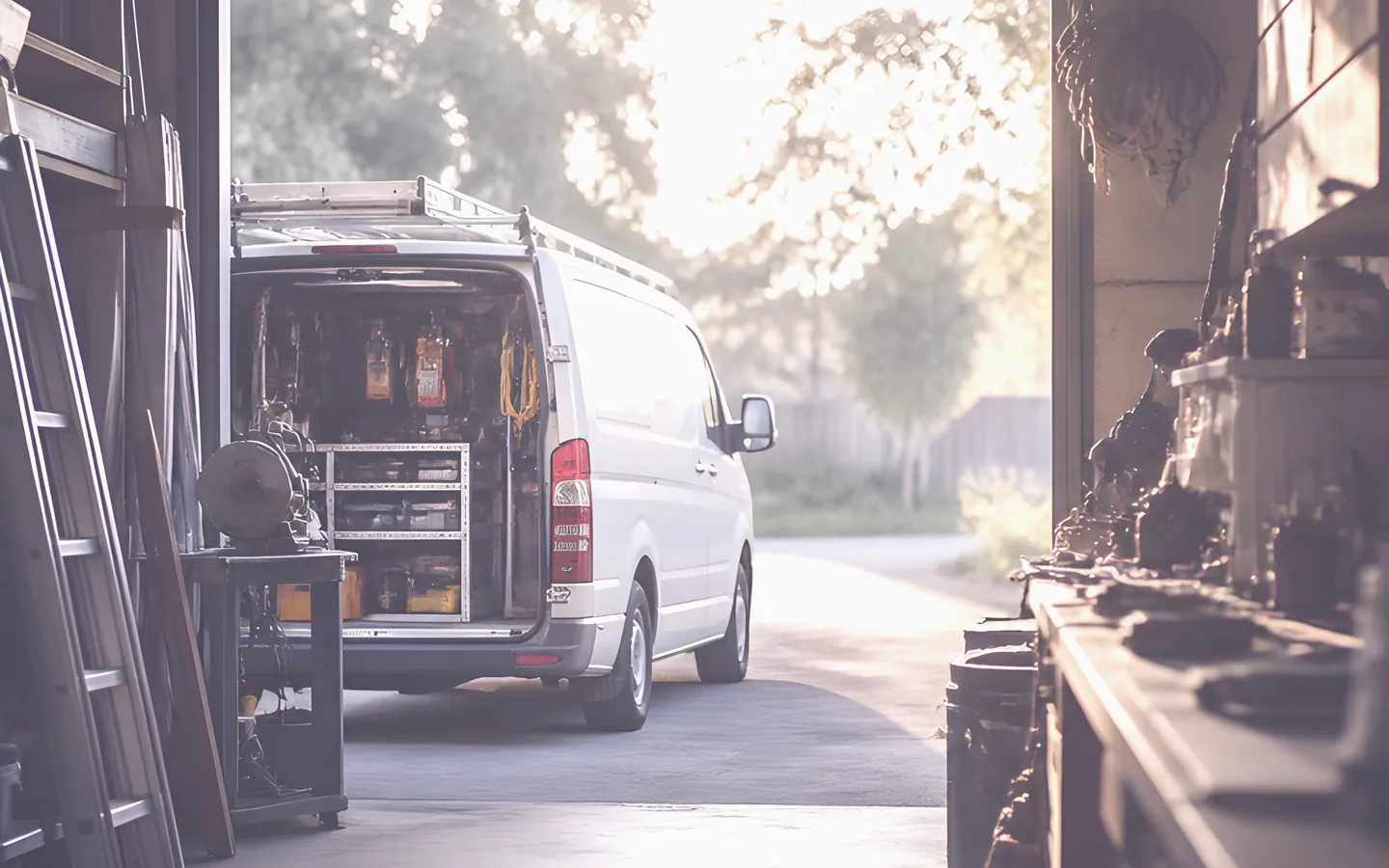 Work van and equipment in a small business workshop
