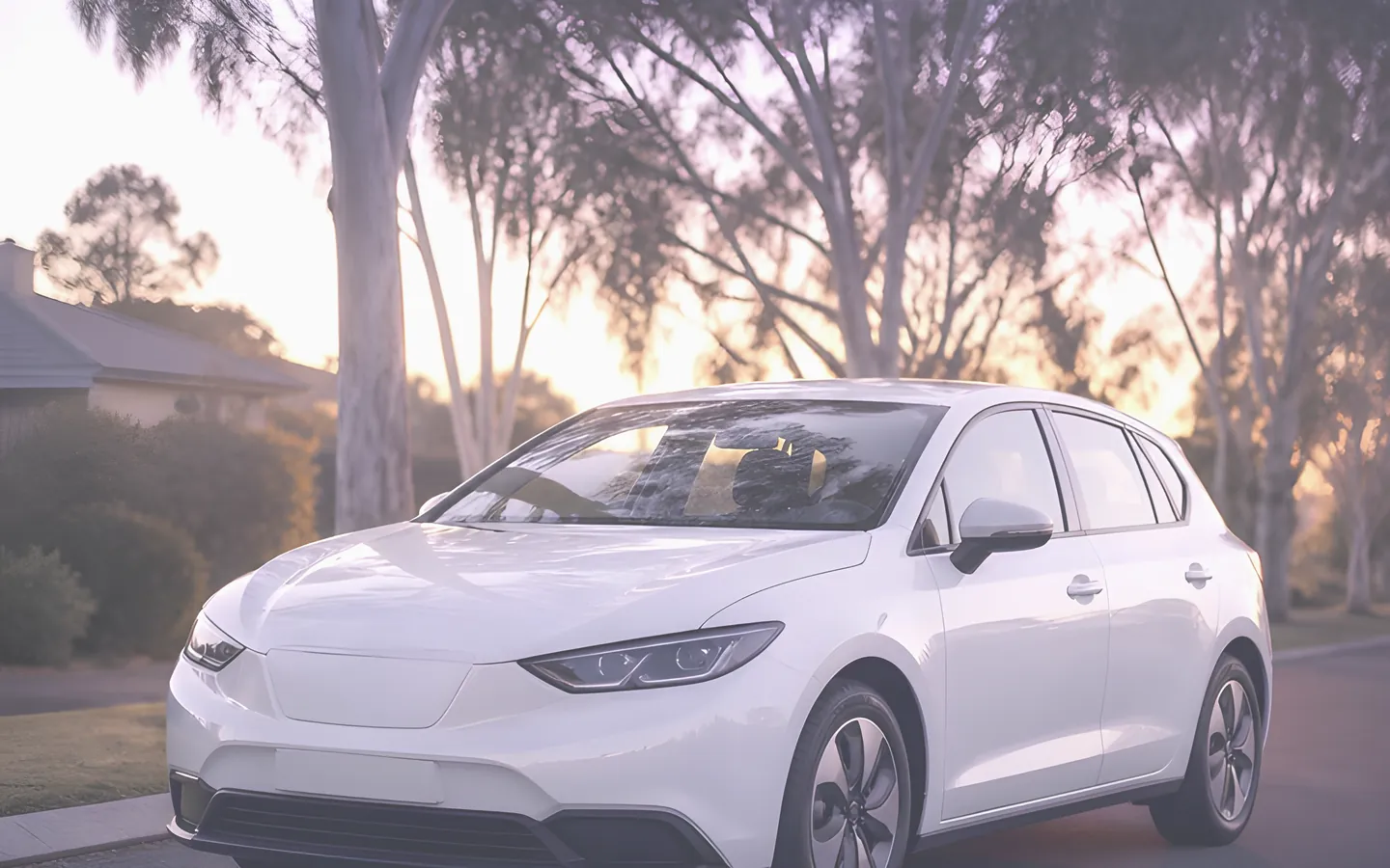 White hatchback parked on a leafy Australian street at sunset