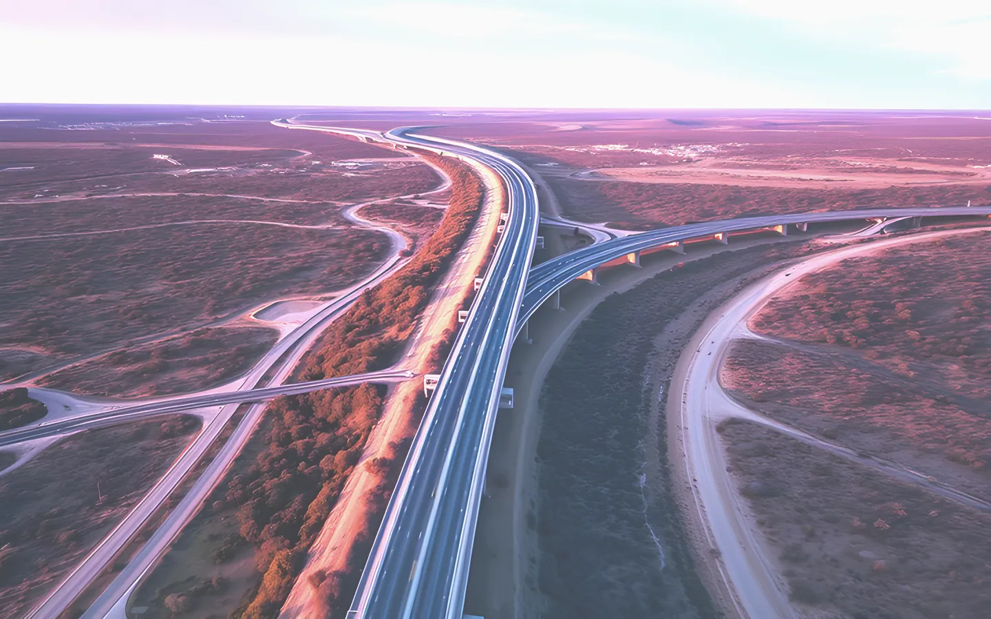 Map of Australia motif made of highways at golden hour