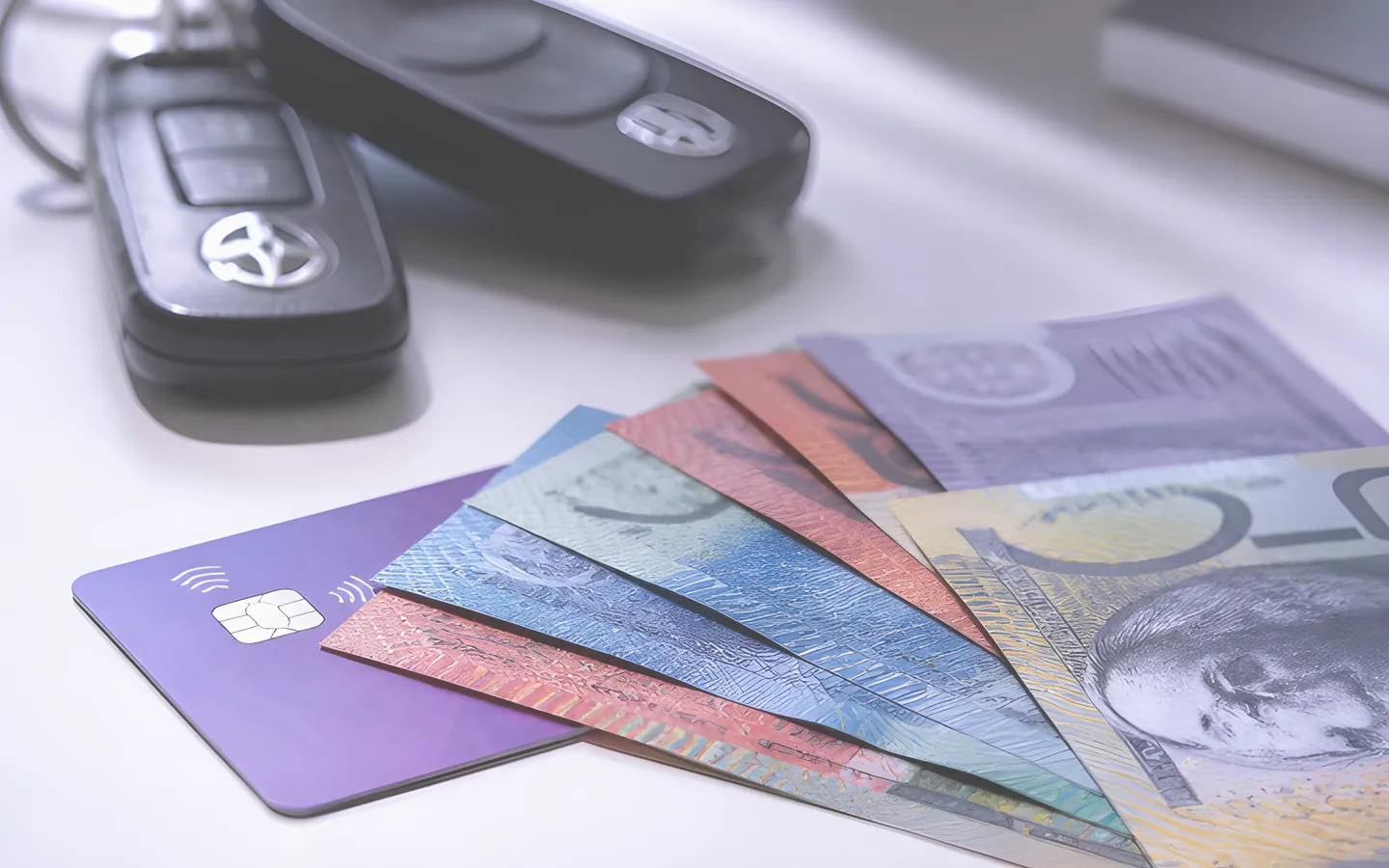Australian cash and a bank card beside car keys