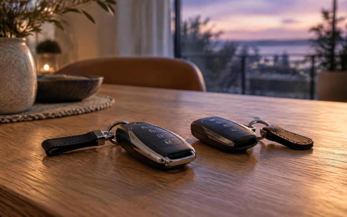 Car keys on a desk overlooking the city at dusk
