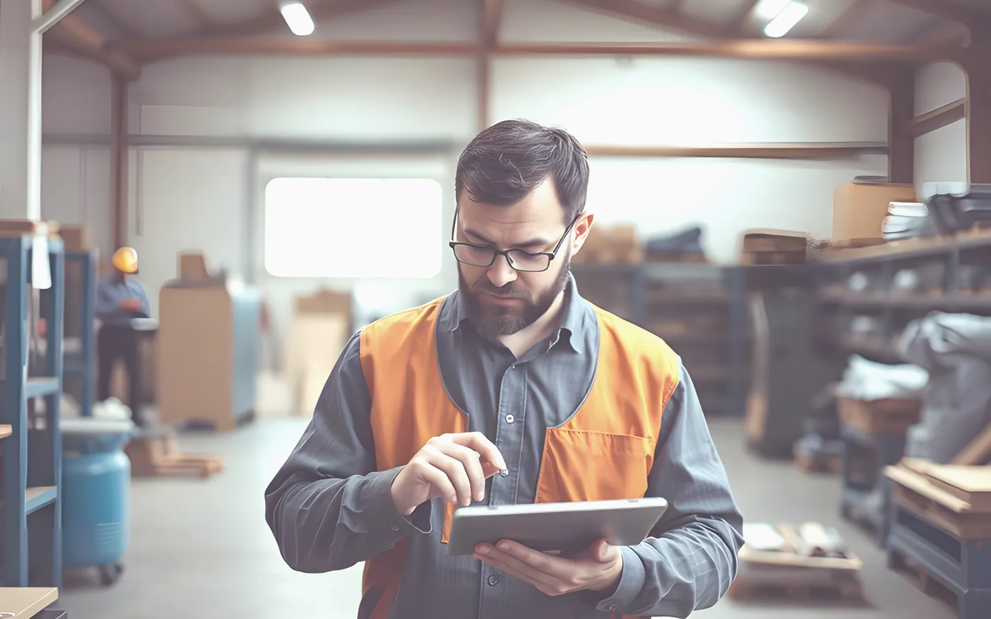 Business owner reviewing finance figures on a tablet in a workshop