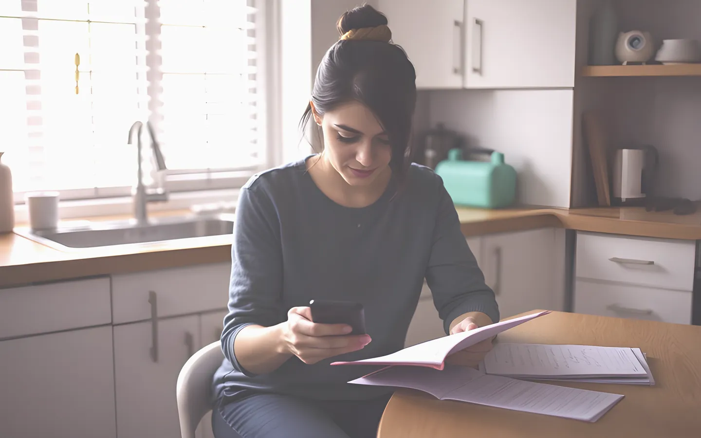 Person planning a budget with notes and phone at a kitchen bench