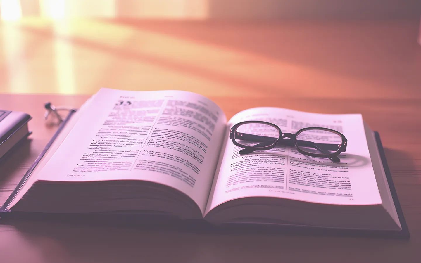 Open dictionary and reading glasses on a wooden desk