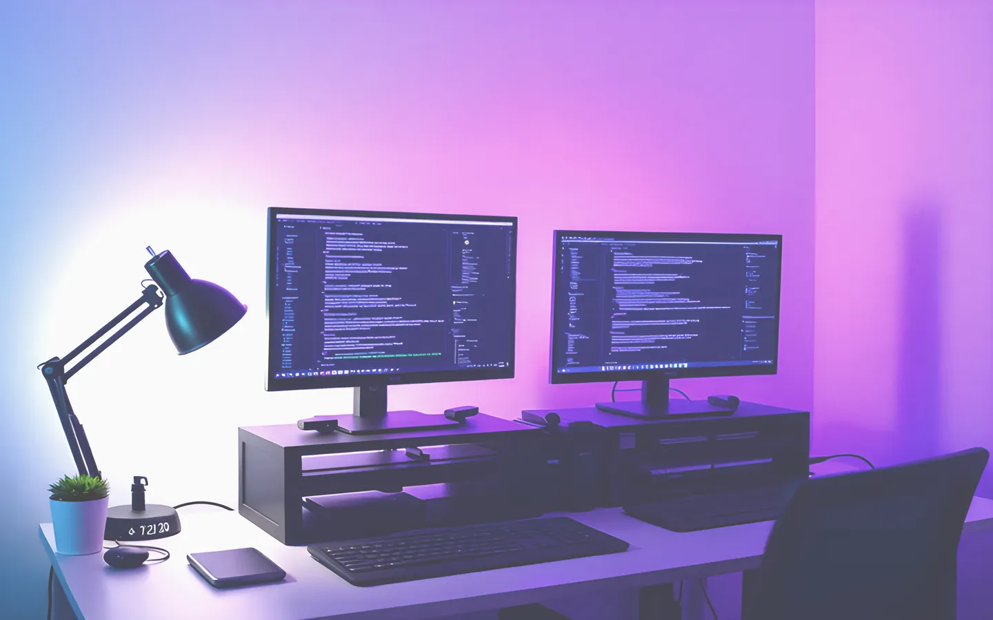 Developer workspace with monitors showing release notes