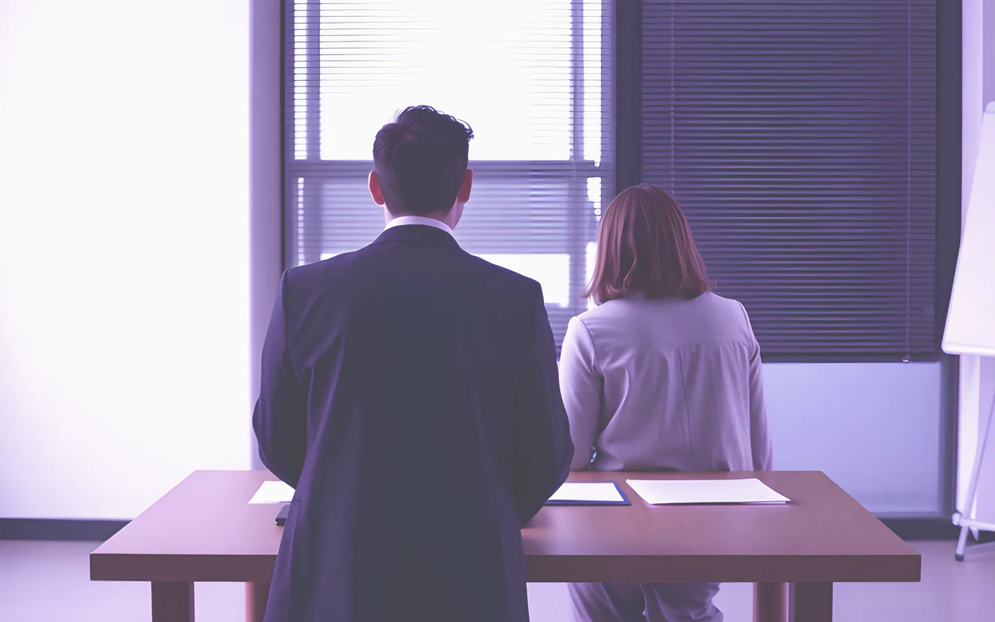 Two people resolving a matter across an office table