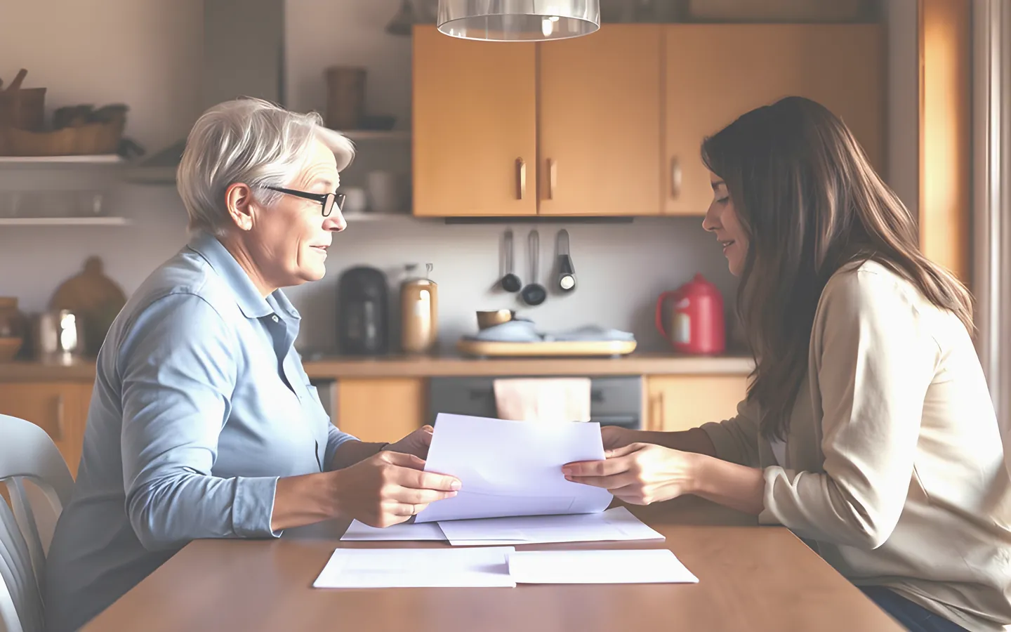 Supportive hands over paperwork at a kitchen table