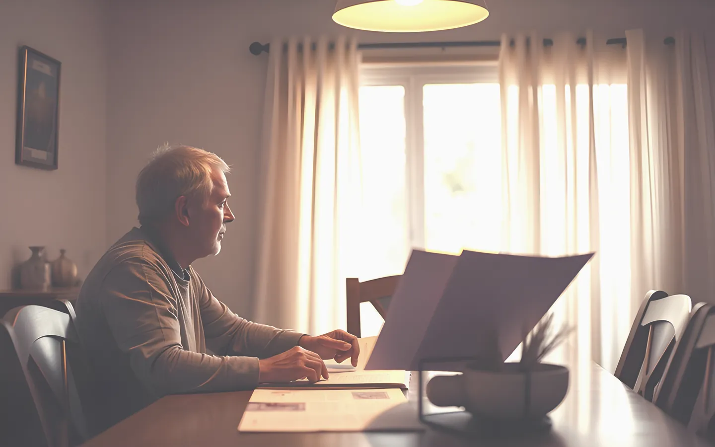 Home owner reviewing mortgage documents at a dining table