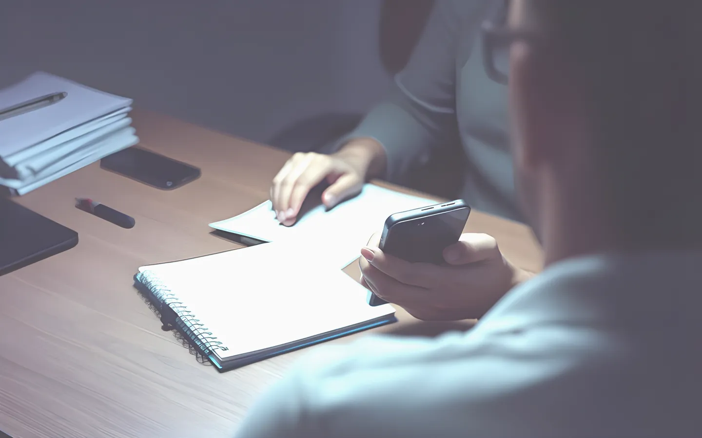 Person weighing options with notepad and phone at a desk