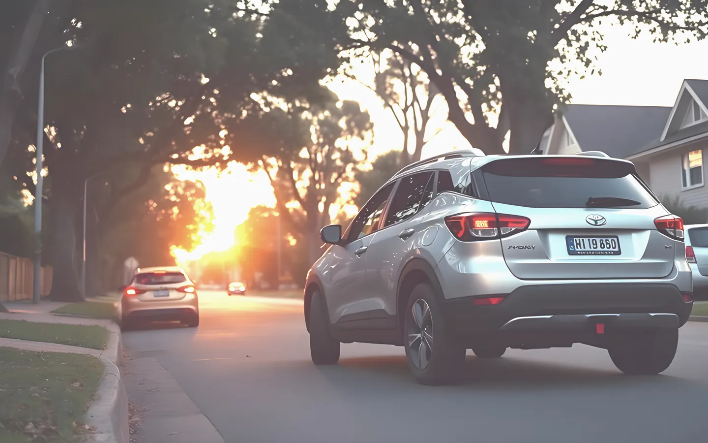 Silver compact SUV parked on a suburban street at sunset