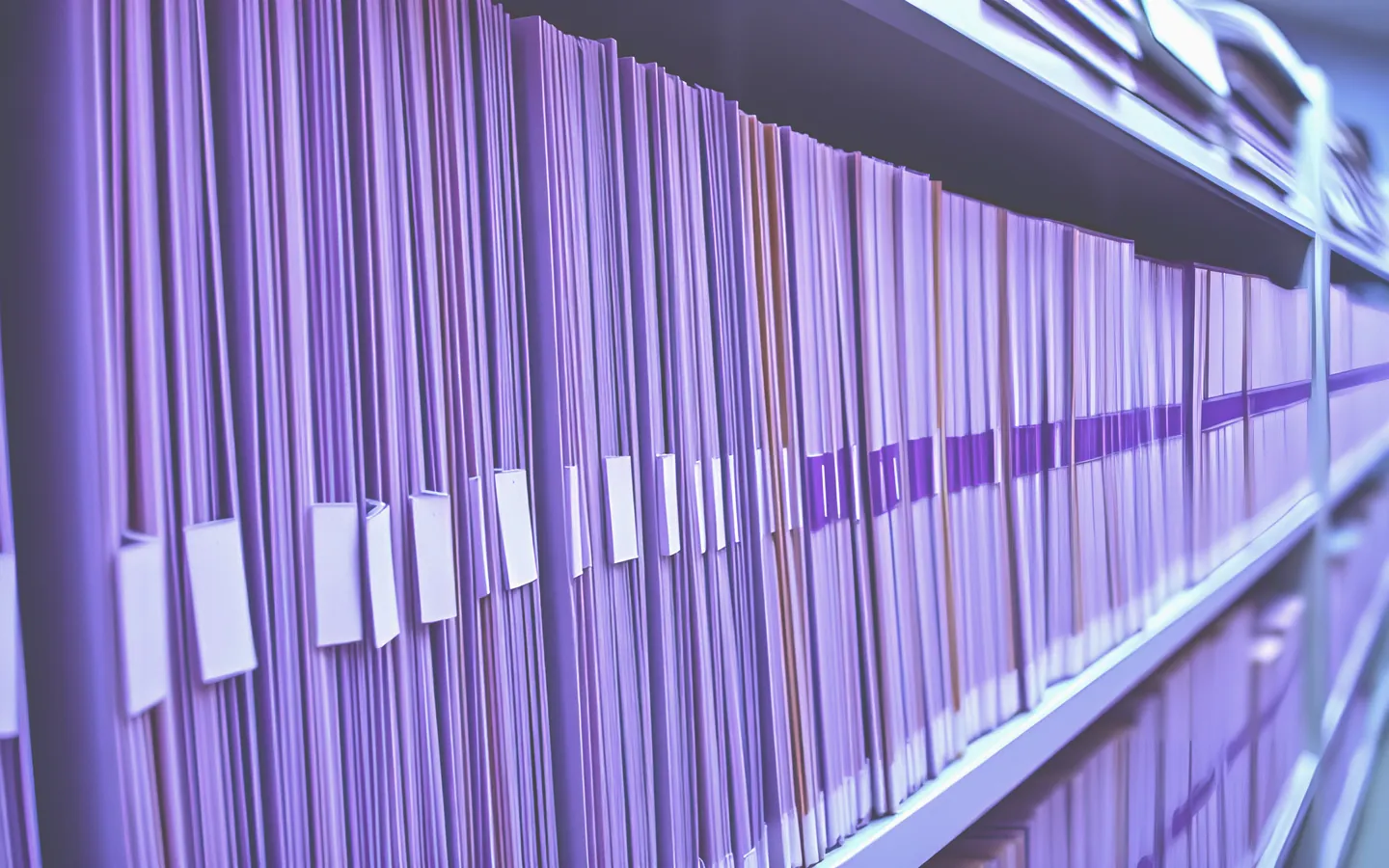 Policy folders neatly filed on an office shelf